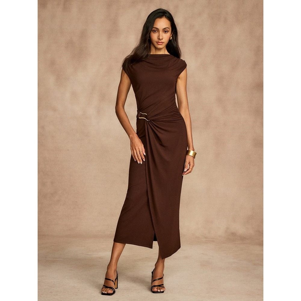 COMMENSE Pure Cotton Cap Sleeve Draped Dress Brown size XL